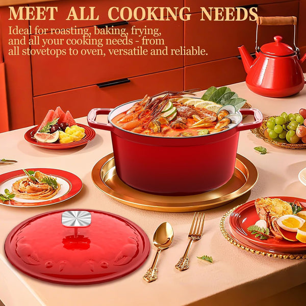 Enameled Cast Iron Dutch Oven - 5 Quart, Crab Lid (Patented), Oversized Knob, for Bread Baking Braiser, Cooking Stock Pot - Red7
