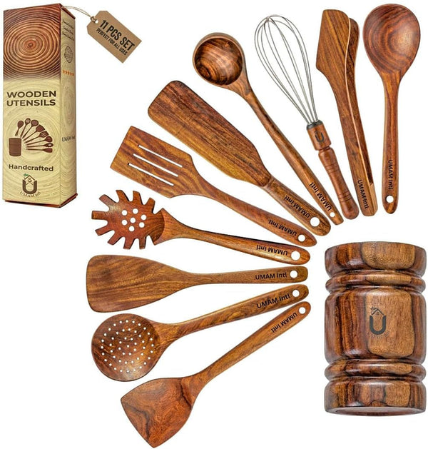 11-Piece Teak Wooden Utensil Set with Holder, Non-Toxic Natural Teak Cooking Utensils, Heat-Resistant Wooden Spatula, Wok Turner, Spaghetti Server, Soup Ladle, Whisk & Tongs1