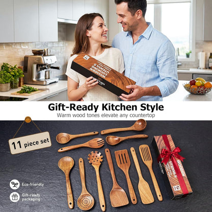 Wooden Spoons for Cooking, 11-Piece Acacia Wood Kitchen Utensil Set, Nonstick Safe Wooden Spatulas and Spoons, Heat Resistant Cooking Utensils for Everyday Meals (A11)9