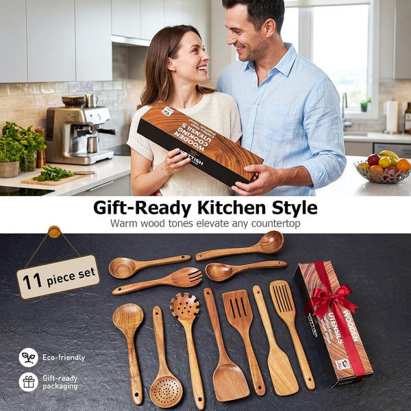 Wooden Spoons for Cooking, 11-Piece Acacia Wood Kitchen Utensil Set, Nonstick Safe Wooden Spatulas and Spoons, Heat Resistant Cooking Utensils for Everyday Meals (A11)9