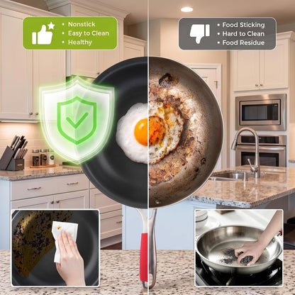 10 Inch Nonstick Frying Pan, Tri-Ply Clad Stainless Steel Skillet with Reinforced Coating, Detachable Handle with Sleeve, Dishwasher & Oven Safe, Induction Compatible, Pfoa-Free Fajita Pans2