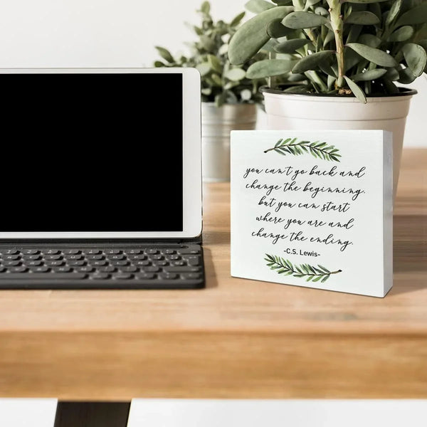 Inspirational Quotes Desk Decor, Wooden Box Sign, Change the Beginning | Motivational Desk Decor for Women Men Alcoholics Anonymous Counselor Therapist, Home Office Wooden Box Sign Decor3