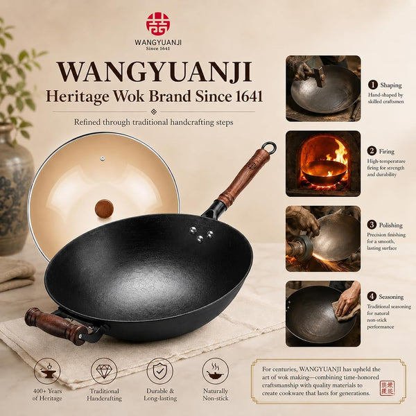 14.17” Cast Iron Wok with Glass Lid – Traditional round Bottom Chinese Wok for Gas Stove & Open Flame (Wok Ring Required) – Uncoated Clay-Mold “Turtle Shell” Texture – Seasoning Needed8