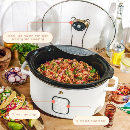 6 Qt Programmable Slow Cooker with Digital Timer, 5 Cooking Functions, Removable Ceramic Pot and Tempered Glass Lid, Dishwasher Safe (White Icing)2
