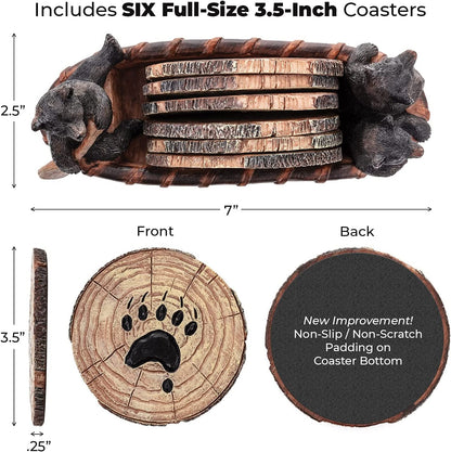 Bear Coasters - Set of 6 Full Size Rustic Coasters in Handmade Canoe with Adorable Black Bear Figurines - Log Cabin Decorations, Rustic Lodge Decor for the Home3