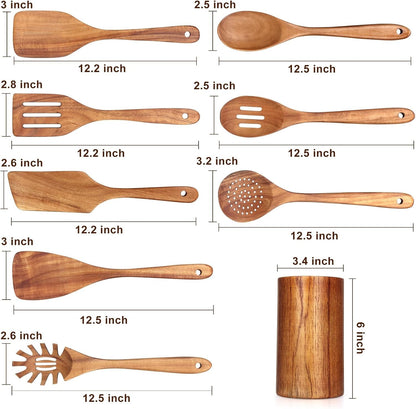 9 Pcs Wooden Kitchen Utensils Set with Holder Cooking Spoons Wood Spatula2