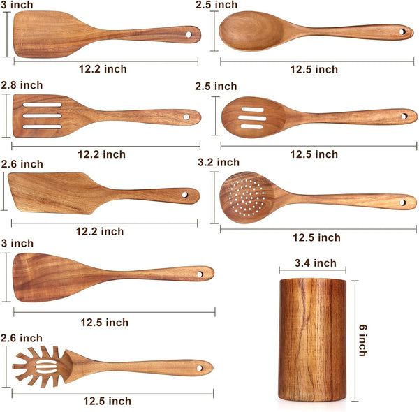 9 Pcs Wooden Kitchen Utensils Set with Holder Cooking Spoons Wood Spatula2