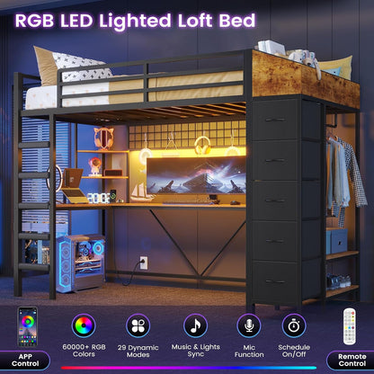 Loft Bed Twin Size with Hall Tree, Charging Station and LED Lights, Metal Loft Bed with L-Shaped Desk, 5 Storage Drawers, Heavy Duty Twin Size Bed with Stairs, No Box Spring Needed, Black4
