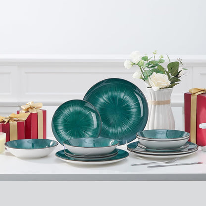 12 Piece round Kitchen Dinnerware Sets,Plates and Bowls Sets,Dishes, Plates, Bowls, Dish Set，Plates and Bowls,Service for 4, Chip Resistant Porcelain ，Starburst Turquoise Green5