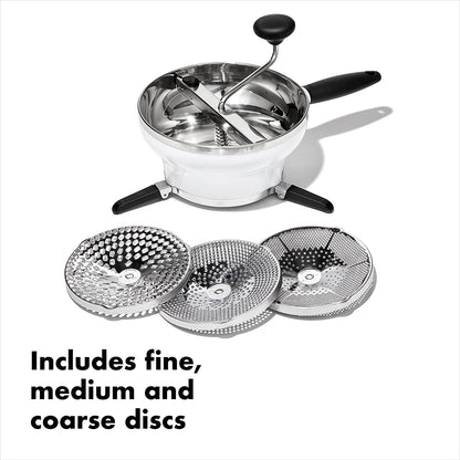 OXO Good Grips Stainless Steel Food Mill for Purees | 2.3 Qt Capacity, Three Grinding Disks for Different Textures, Non-Slip Legs, Ideal for Purees and Sauces, Dishwasher Safe4