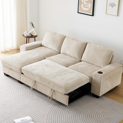 99" Convertible Sleeper Sofa Bed,L Shaped with Storage Chaise Pull Out Couch for Living Room,Usb and Type-C,Removable Washable Chenille Covers (Beige)2