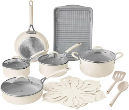 Pioneer Woman 17-Piece Ceramic Cookware Set with Strainer Lids and Cookie Sheet with Rack - Nonstick Pots and Pans Set (Cream)1