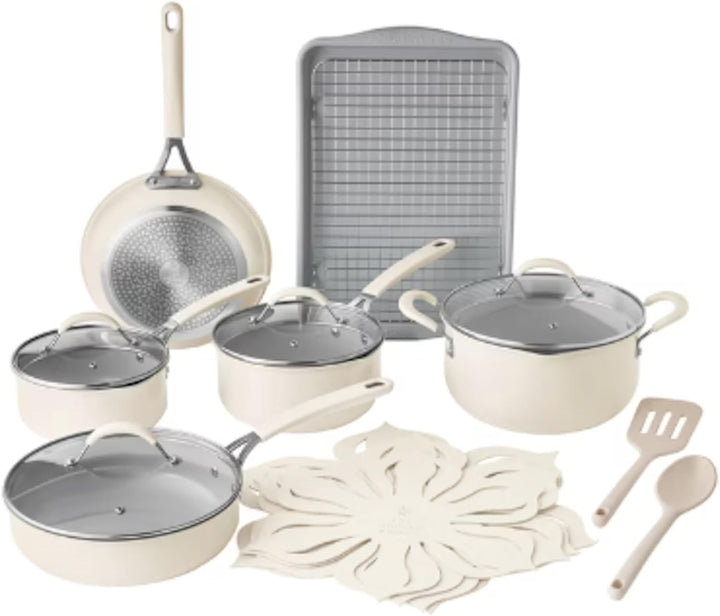 Pioneer Woman 17-Piece Ceramic Cookware Set with Strainer Lids and Cookie Sheet with Rack - Nonstick Pots and Pans Set (Cream)