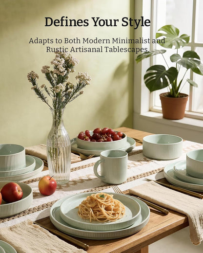 Ceramic Plates and Bowls Set, Dinnerware Sets, Ribbed Dishes for 42