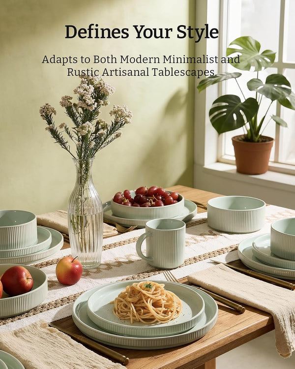 Ceramic Plates and Bowls Set, Dinnerware Sets, Ribbed Dishes for 42