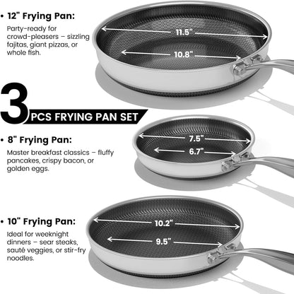 Non Stick Frying Pans Set, 8, 10 and 12-Inch with Lids, Hybrid Fajita Pans Nonstick for Cooking, Stainless Steel Pan Skillets, Dishwasher & Oven-Safe, Induction Ready Cooking Pan, PFOA Free Cookware2