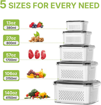 5 Pack Large Fruit Storage Containers for Fridge, Leakproof Produce Containers with Removable Colanders, Dishwasher Safe Fridge Organizers and Storage, Keep Berry, Vegetables Fresh Longer3