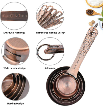 Measuring Cups and Spoons Set 14, Copper Measuring Cups and Spoons Set for Dry & Liquid, Metric & US Stainless Steel 6 Measure Cups and 7 Spoons Set W/Leveler for Kitchen & Baking6