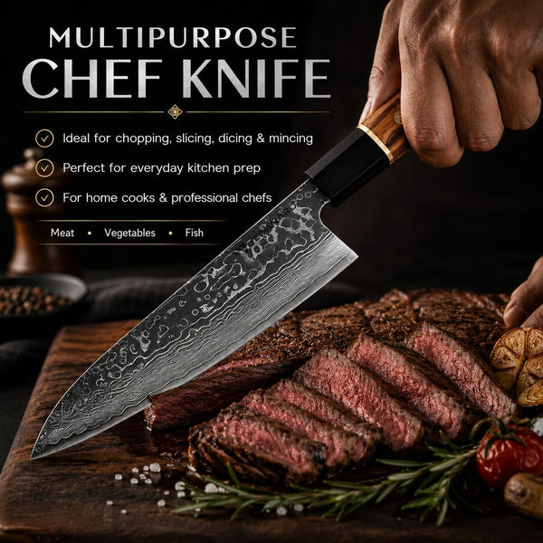 8 Inch Damascus Chef Knife | 67 Layer VG10 Japanese Kitchen Knife | Razor Sharp High Carbon Steel Blade | Octagonal Ebony Wood Handle | Professional Cooking Knife for Meat Vegetables Fish6