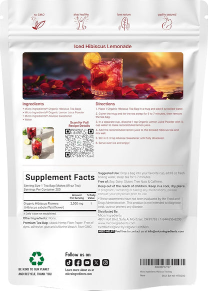 Organic Hibiscus Tea Bags, 200 Count | Premium Source from Hibiscus Flowers | Caffeine Free Herbal Tea | Eco-Friendly Hemp Paper Tea Bags | Non-Gmo, No Sugar2