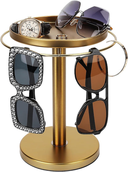 360° Rotating Sunglass Organizer Storage, Stainless Steel Glasses Holder Stand, Glasses Organizer with Tray for Desk, Dresser, Tabletop, Nightstand and Home Decor (Gold) | Stainless Steel Stand with 360 Rotation Holds 9 to 12 Pairs. Top Tray Stores Rings, and Keys for Desk, Dresser, Nightstand1