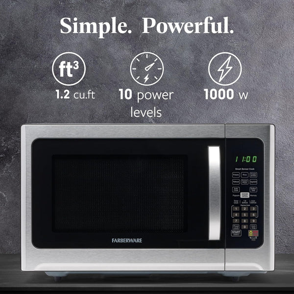 1.2 Cu. Ft. Countertop Microwave Oven – 1000 Watts Power, Smart Sensor Auto Cook Settings, Defrost, Easy Clean and Child Safety Lock - Stainless2