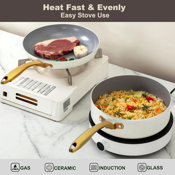 Ceramic Cookware Set,Healthy,Non Toxic,Pots and Pans Set Non Stick,14-Pcs Kitchen Induction Cooking Sets, Nonstick Pot and Pan Set with Silicione Utensils,Pfos/Pfoa Free,Cream and Gold5
