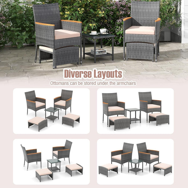 5 Pieces Patio Conversation Set, Outdoor PE Rattan Chairs with Soft Cushions, Ottomans & Tempered Glass Top Table, Acacia Wood Armrests, Patio Furniture Set (Mix Grey+Beige)9