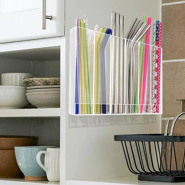 9.6” Large Acrylic Straw Holder for Cabinet Door - 6 Compartments, Easy to Clean, Reusable Tumbler Straw Organizer Storage, Small Kitchen Accessories Container, Ultra Sticky Cupboard Door Mounted2