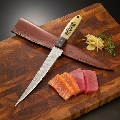 Damascus Fillet Knife - 13" Total Length, 8" Blade, 5" Camel Bone Handle with Engraved Fish Design, Includes Leather Sheath - Handcrafted Precision Knife for Fishing & Culinary Use2