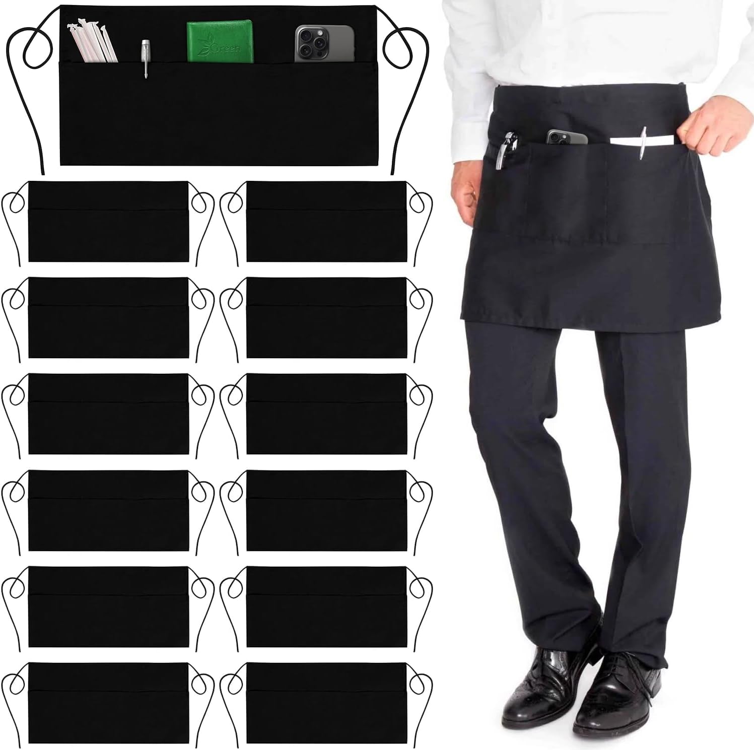 server-aprons-with-3-pockets-waist-apron-waitress-apron-for-women-and-man-water-resistant-with-long-waist-strap-reinforced-seams-half-apron-12-pack-black