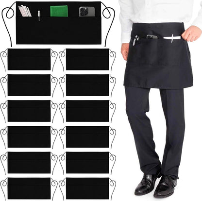 Server Aprons with 3 Pockets - Waist Apron, Waitress Apron for Women and Man, Water Resistant with Long Waist Strap Reinforced Seams, Half Apron (12 Pack - Black)8