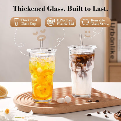 20Oz Iced Coffee Cups with Lids, Ribbed Glass Cups with Lids and Straws | Thick Reusable Glass, Leak-Resistant Lids, Fits Most Car Cup Holders, for Iced Coffee, Tea, Smoothies and Cold Drinks8