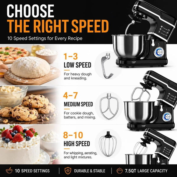 7.5 QT Stand Mixer, 10-Speed Tilt-Head Electric Mixer with Stainless Steel Bowl, Dough Hook, Whisk, Beater, Splash Guard – Powerful 660W Motor for Baking, Whipping & Mixing, Black4