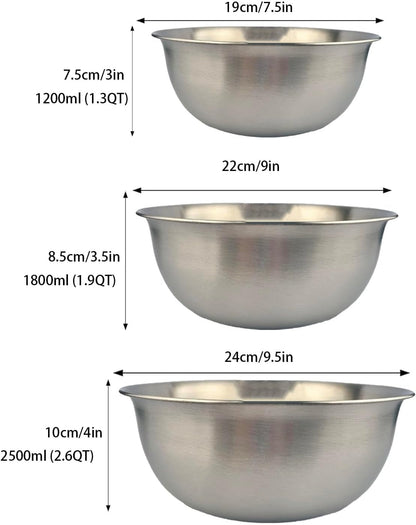 Stainless Steel Mixing Bowl Thickened 3-Piece Set, Nested Flat Bottom 1.3QT (1200Ml)/1.9Qt (1800Ml)/2.6Qt (2500Ml) Kitchen Food Storage Organizer for Baking, Salad Prep, Vegetable Washing (Silver)2