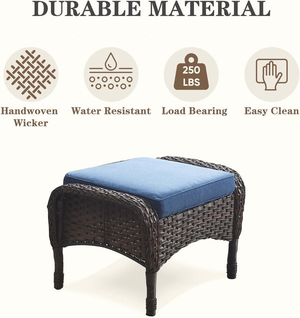 6 Piece Patio Conversation Sets - Wicker Patio Furniture Sets with Outdoor Swivel Rocker Chairs Outdoor Couch Perfect for Patio Deck Backyard, Brown Wicker Blue Cushion9