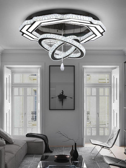Large Crystal Chandelier Dia 48" Black Ring Crystal Chandelier Flush Mount Ceiling Light for Living Room Foyer Hallway Dimmable LED 3 Rings Celing Lighting4
