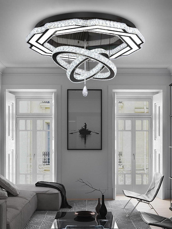 Large Crystal Chandelier Dia 48" Black Ring Crystal Chandelier Flush Mount Ceiling Light for Living Room Foyer Hallway Dimmable LED 3 Rings Celing Lighting4