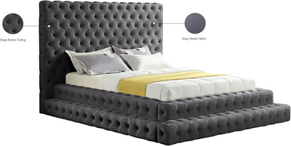 Meridian Furniture Revelgrey-Q Revel Collection Modern | Contemporary Grey Velvet Upholstered Bed with Deep Button Tufting, 85" W X 98" D X 60" H, Grey, Queen9