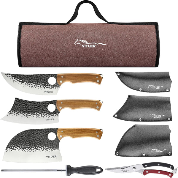 9 PCS Butcher Viking Camping Knife Set, 7" Serbian Chef Knife, 7" Butcher Meat Cleaver, 6.5" Viking Knife, 3 Knife Sheath, Honing Steel, Poultry Shears and Knife Roll Bag (Stylish Horse Pattern)1