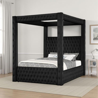 Beli King Size Canopy Bed, Tufted Design, Black Velvet Upholstery10