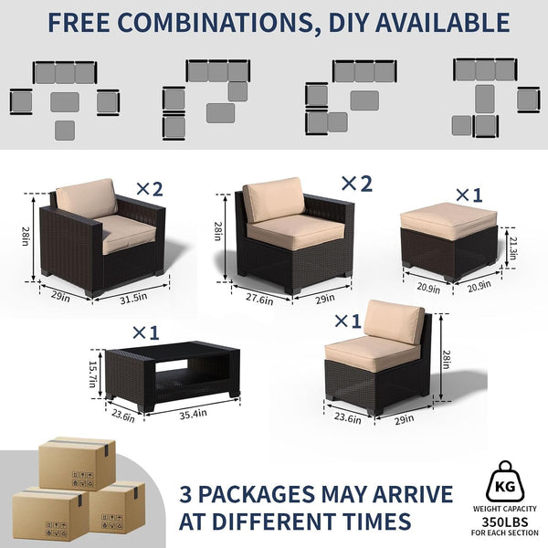 7 Piece Patio Furniture Set, Slanted Back Outdoor Sectional Sofa, Patio Conversation Sets with Cushion and Glass Table, Patio Sofa Furniture for Garden, Deck, Dark Brown Rattan & Khaki Cushions2