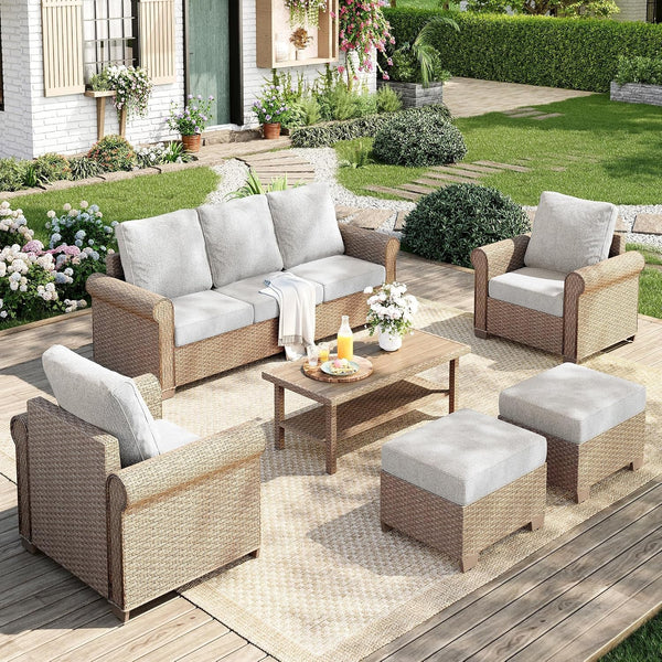 6-Piece Wicker Patio Conversation Set, Coffee Table, 2 Ottomans1