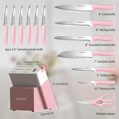 Knife Set, Kitchen Knives Set with Block and Sharpener 15 Pcs German Stainless Steel Knives Sharp Blade Dishwasher Safe Deba Knives with Ergonomic Handle, Crystal Pink5