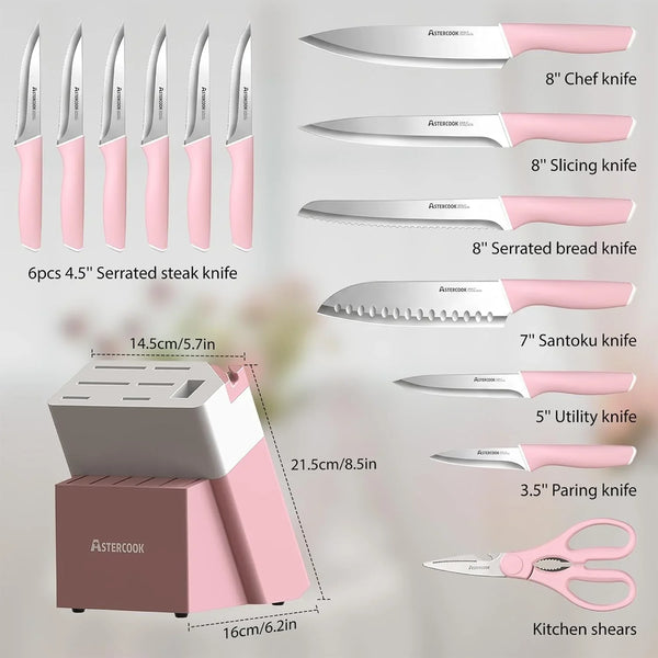 Knife Set, Kitchen Knives Set with Block and Sharpener 15 Pcs German Stainless Steel Knives Sharp Blade Dishwasher Safe Deba Knives with Ergonomic Handle, Crystal Pink5