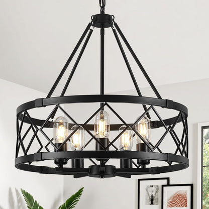 20" Black Chandelier, 5-Light Modern Farmhouse Dining Room Chandelier, Industrial Metal Cage Chandelier Hanging Light Fixture for Kitchen Island, Foyer, Entryway, Staircase, Living Room1
