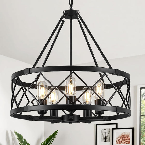 20" Black Chandelier, 5-Light Modern Farmhouse Dining Room Chandelier, Industrial Metal Cage Chandelier Hanging Light Fixture for Kitchen Island, Foyer, Entryway, Staircase, Living Room1