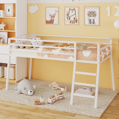 Loft Bed Twin Size with Stairs and Guard, White1