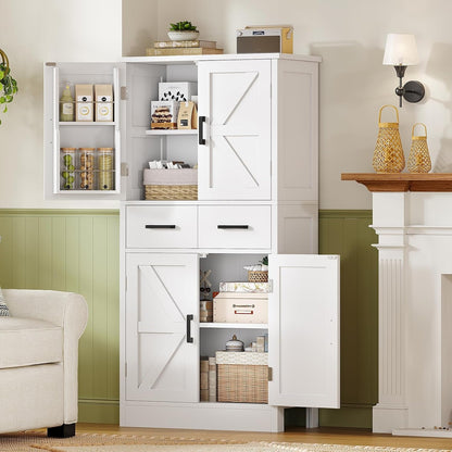 Pantry Cabinet with 2 Drawers, Kitchen Storage Cabinet with 4 Door Shelves, Kitchen Pantry for Living Room, Dining Room, Bathroom, White2
