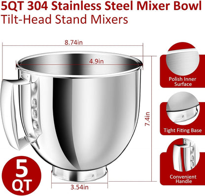 5QT Stainless Steel Mixer Bowl Compatible with Kitchenaid Bowls for Mixer, Artisan&Classic Series 4.5-5QT Tilt-Head Mixers, Kitchen Gadgets Mixer Bowl with Handle,Metal Bowl for Kitchen Mixing Bowl6